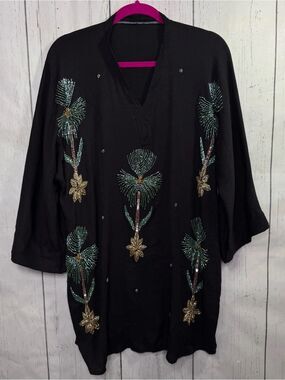Beaded Black Tunic Top Embellished Floral Caftan Boho Resortwear Artsy Beaded OS